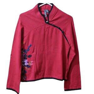 Charlotte Tarantola Vintage Red & Black Knit Embroidered Floral Sweater XL